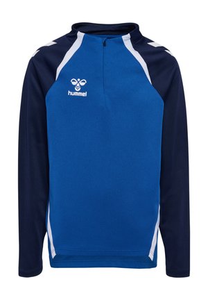 Maglietta atletica a maniche lunghe blu e navy con colletto alto, accenti bianchi e logo sul petto; realizzata in tessuto traspirante.