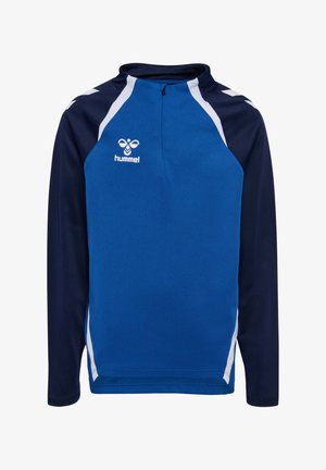 Blaues und marineblaues langärmliges Sportoberteil mit hohem Kragen, weißen Akzenten und Logo auf der Brust; aus atmungsaktivem Material.