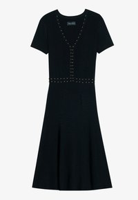 Robe noire en tissu tricoté avec un décolleté en V, des manches courtes et des accents cloutés le long du bodice et de la taille, s'évasant au niveau de l'ourlet.