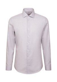 Lichtgrijs geruite overhemd met lange mouwen, met een kraag, knopen aan de voorkant en een rechte snit. Gemaakt van een glad textielmateriaal.