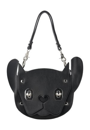 Geantă de mână din piele neagră, în formă de față de câine, cu nas în formă de inimă, ochi cu închizătoare argintie și urechi mari care se extind pe laterale.