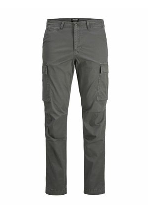Cargo pants in dark gray, made of cotton blend fabric. Features multiple side pockets, straight leg design, and reinforced seams.