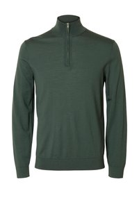 Dunkelgrüner, leichter Strickpullover mit hohem Kragen und Viertelreißverschluss. Mit langen Ärmeln sowie gerippten Bündchen und Saum.