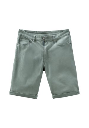 Green denim shorts with front button and zipper, belt loops, rolled hem, and five-pocket design on a white background.