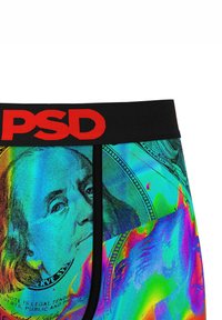 Boxeri cu talie elastică neagră pe care se află inscripția "PSD" în roșu. Design multicolor cu imaginea lui Benjamin Franklin și motive de bancnote.