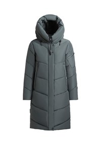 Padded long coat in dark gray with a large hood, featuring diagonal stitching, zip pockets, and a front closure with snap buttons.
