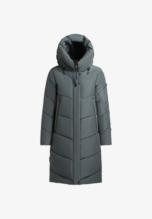 Wypełniony długi płaszcz w ciemnoszarym kolorze z dużym kapturem, posiadający ukośne szwy, kieszenie zapinane na zamek oraz zapięcie z przodu na zatrzaski.