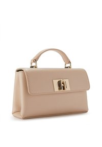 Peach-colored leather handbag with a structured shape, top handle, and gold-tone hardware. Features a front flap and clasp closure.