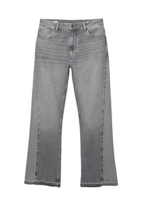 Graue Jeans aus Denim mit weitem Bein, hoher Taille, Knopfverschluss und Vordertaschen mit dezentem, ausgewaschenem Effekt.