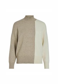 Chunky coltrui in beige en crème, met een gesplitst kleurontwerp, geribbelde zoom en zachte, gestructureerde stof.