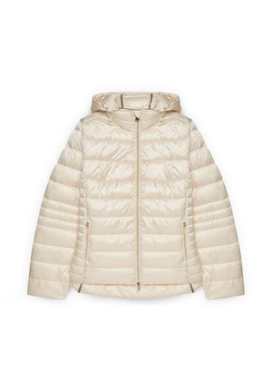 Beżowa pikowana kurtka puchowa z kapturem, z poziomym wzorem pikowania, zamkiem błyskawicznym i bocznymi kieszeniami. Wykonana z błyszczącego, wodoodpornego materiału.