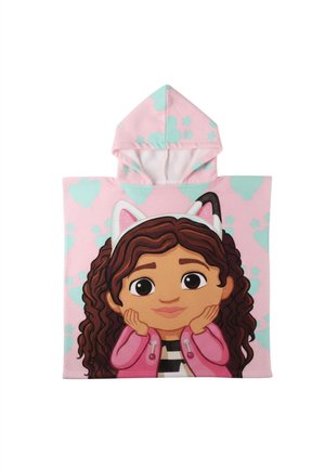 Pink hooded towel with cartoon girl with curly hair, cat ears headband, and pink jacket against a mint star and cloud background.