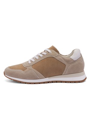Beige and tan suede sneaker with white laces, white heel tab, white midsole, and brown rubber outsole, shown from right side.