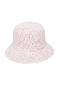 Hellrosa, gewebter Bucket Hat mit strukturiertem Muster, breiter Krempe und einem dezenten Logo-Akzent an der Seite. Hergestellt aus flexiblem Material.