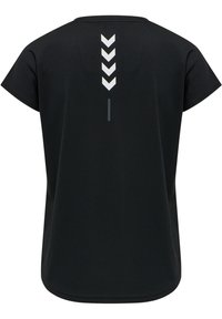 Black short-sleeve shirt with a rounded neckline. Features white chevron patterns and a vertical line detail on the back. Soft, stretchy fabric.