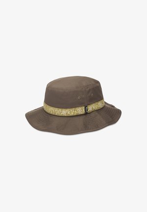 Brown bucket hat with a wide brim and a decorative yellow patterned band. Made of fabric with a smooth texture and stitching detail.