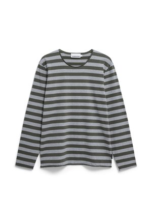 Langarmshirt in donkergrøn en grijze strepen. Zachte katoenmateriaal, ronde hals, losse pasvorm, met een label aan de zijkant.