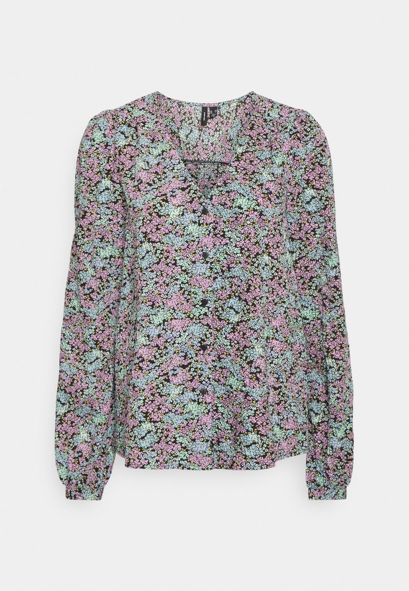 Blouse à manches longues fleurie avec des fleurs pastel roses, bleues et vertes sur fond noir, dotée d'un col en V et de légères fronces aux poignets.