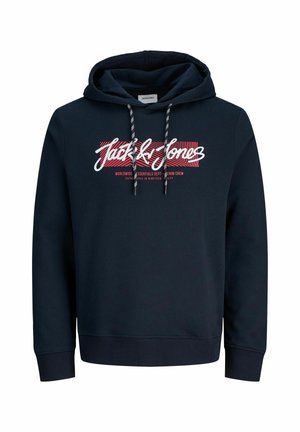 Námornická mikina vyrobená z bavlny, s grafickým designem "Jack & Jones" v bílé a červené barvě. Obsahuje šňůrky v černé a bílé barvě a žebrované manžety.