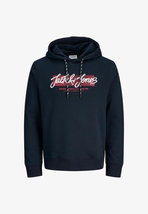 Námornická mikina vyrobená z bavlny, s grafickým designem "Jack & Jones" v bílé a červené barvě. Obsahuje šňůrky v černé a bílé barvě a žebrované manžety.