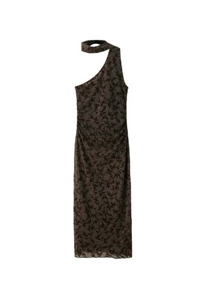 Vestido largo marrón oscuro con estampado floral, con una tira en el hombro y un lazo adicional alrededor del cuello.