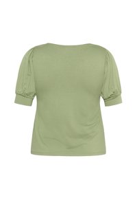 Puff-sleeved top in light green fabric. Features a rounded neckline and gathered detailing at sleeves. Smooth texture. Casual style.
