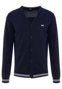 Námořnický modrý kardigan na knoflíky s V výstřihem, vyšitým logem Hugo Boss na hrudi a bílými pruhovanými akcenty na manžetách a lemu.