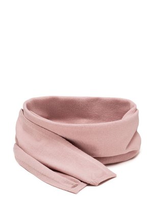 Sciarpa lavorata a maglia morbida e rosa con un design a cerchio e tessuto testurizzato. Presenta un bordo piatto e un piccolo etichetta del marchio a un'estremità.