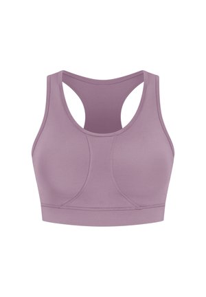 Soutien-gorge de sport lavande clair avec un design dos nageur, texture de tissu lisse et sans rembourrage. Dispose d'un large bandeau inférieur pour le soutien.