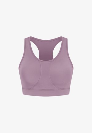 Soutien-gorge de sport lavande clair avec un design dos nageur, texture de tissu lisse et sans rembourrage. Dispose d'un large bandeau inférieur pour le soutien.