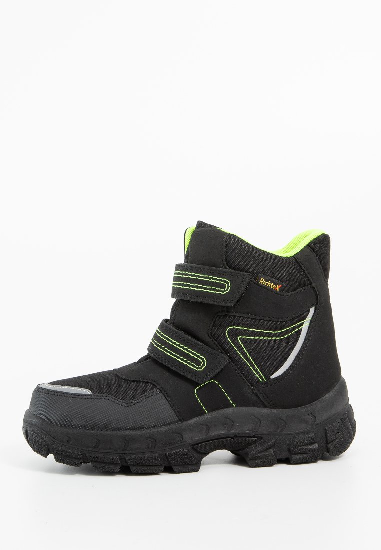 Schwarze High-Top-Schuhe mit grünen Akzenten, Klettverschlüssen, Gummisohlen und reflektierenden Details. Strukturiertes synthetisches Material für Langlebigkeit.