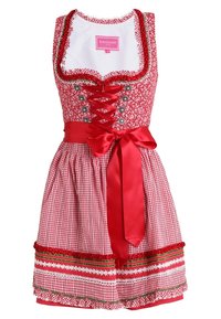 Červené a bílé kostkované dirndl šaty s květinovými akcenty, krajkovým lemem a saténovou stuhou. Má přiléhavý korzet a rozšířenou sukni.