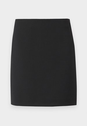 Black mini skirt with a fitted silhouette, made from smooth fabric, featuring a simple design and clean edges without embellishments.