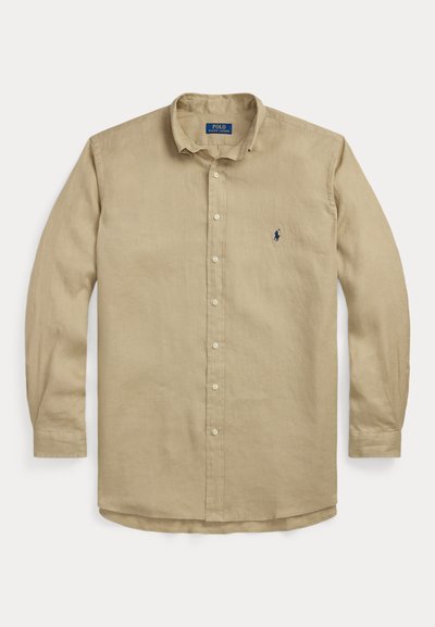 Camisa de manga longa bege em linho, com colarinho clássico, fecho frontal com botões e logótipo bordado no lado esquerdo do peito.
