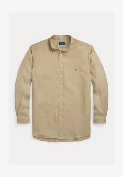 Camisa de manga longa bege em linho, com colarinho clássico, fecho frontal com botões e logótipo bordado no lado esquerdo do peito.