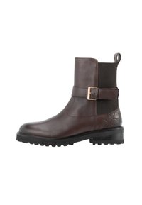 Braune Leder-Stiefelette mit elastischen Seitenteilen, einem Schnallenakzent, strukturierten Details und einer robusten Gummisohle.