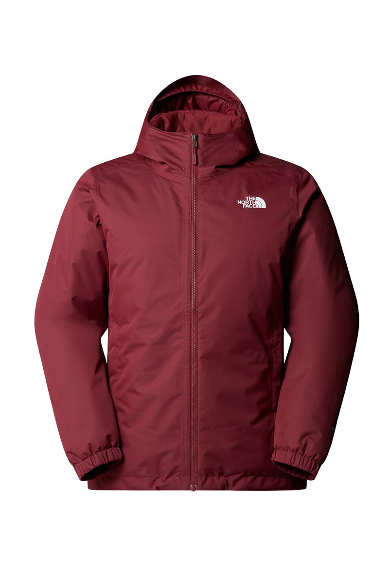 Giacca isolante color marsala con zip completa, cappuccio regolabile, polsini elasticizzati e logo bianco sul lato sinistro del petto. Tessuto con texture liscia.