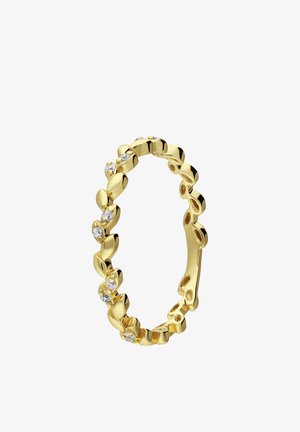 Goldring mit floralem Design, geschmückt mit kleinen klaren Edelsteinen. Glatte Textur mit polierter Oberfläche. Runde und zierliche Form.