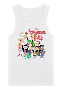 Camiseta sin mangas de algodón blanca con un gráfico colorido de personajes de "Phineas y Ferb", que incluye estilos de dibujos animados y tonos de piel variados.