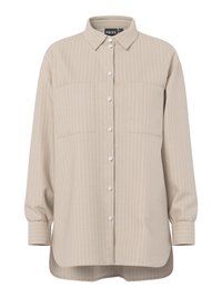 Šviesiai ruda dryžuota marškiniai su ilgomis rankovėmis, apykakle, dviem krūtinės kišenėmis ir apvalia apačia; pagaminti iš minkštos medžiagos.