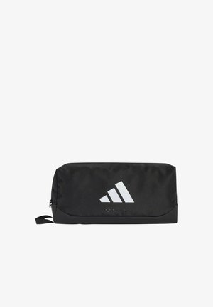 Neceser rectangular negro de Adidas con un logo blanco de Adidas y una pestaña de cremallera lateral.
