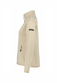 Beige Fleecejacke mit Reißverschluss, geometrischem Muster, seitlicher Reißverschlusstasche und schwarzem Akzent am Ärmel, die eine strukturierte Oberfläche bietet.
