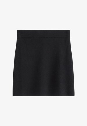 Svart mini kjol med en slät textur, elastiskt midjeband och enkelt design. Inga mönster eller hårdvarudetaljer synliga.