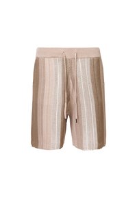 Beige gestrickte Schwimmshorts mit horizontalen Streifen in helleren Schattierungen, elastischem Bund mit Kordelzug und strukturiertem Stoff.