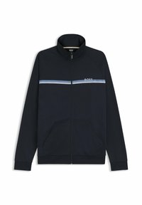 Marineblauw jack met ritssluiting, twee zakken aan de voorkant, een contrasterende lichtblauwe horizontale streep en geribbelde manchetten. Voorzien van het BOSS-logo op de borst.