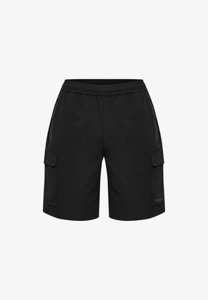 Sorte knælange shorts med elastisk talje, lynlåslommer i siden og klap lommer på hvert ben, vist på hvid baggrund.