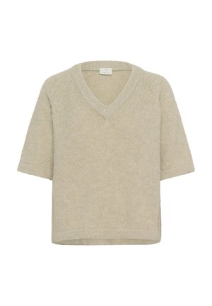 Suéter de punto beige de manga corta y cuello en V con un ajuste relajado y dobladillo acanalado. Textura suave con un diseño minimalista y etiqueta discreta.