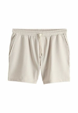 Beige-weiße, vertikal gestreifte Shorts mit elastischem Bund und vorderem Kordelzug, mit seitlichen Taschen.