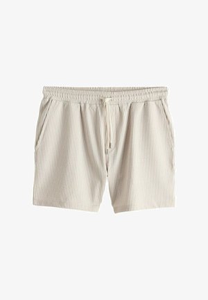 Beige-weiße, vertikal gestreifte Shorts mit elastischem Bund und vorderem Kordelzug, mit seitlichen Taschen.
