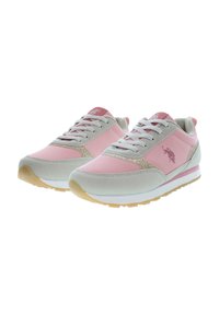 Růžové a šedé sportovní boty s texturovaným designem, zdobené glitry, s gumovou podrážkou a klasickým šněrováním.